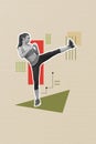 Vertical image collage of young girl judo coach kick leg pose attack boxer sport stamina motivation health isolated on Royalty Free Stock Photo