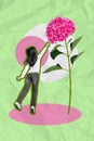 Vertical image 3d collage poster of cute pretty little girt touch big size pink flower isolated on drawing green