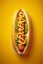 Vertical image of a delicious appetizing hot dog with mustard