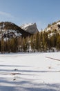 Vertical image of the frozen alpine Emerald Lake at Rocky Mountain National Park in Colorado, USA Royalty Free Stock Photo