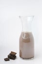 Vertical image.Glass bottle of tasty hot chocolate and pieces of dark chocolate on the white background