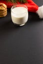 Vertical image of glass of milk, christmas cookies and santa hat with copy space on black background Royalty Free Stock Photo