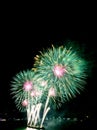 Vertical image of green and pink fireworks in the night sky Royalty Free Stock Photo