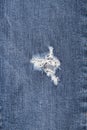 Vertical image - Hole and Threads on Denim Jeans. Ripped Destroyed Torn Blue jeans background. Close up blue jean texture Royalty Free Stock Photo