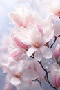 vertical image of macro pink magnolia tree flowers, delicate floral background