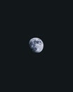Vertical image of nearly full moon in the night sky.