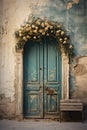 vertical image of old shabby blue wooden door with flowers on a cracked wall Royalty Free Stock Photo
