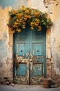 vertical image of old shabby wooden door with flowers on a cracked wall Royalty Free Stock Photo