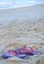 Vertical image of a pair of vibrant pink and purple flip-flops sandals on the sandy beach Royalty Free Stock Photo