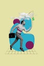 Vertical image poster artwork collage of happy excited person running forward purpose dream earn more money isolated on Royalty Free Stock Photo