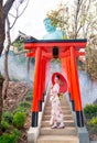 Vertical image of pretty woman with Japanese style dress hold red umbrella and stand on stair with red arched entrance in area of Royalty Free Stock Photo