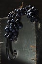 Vertical image.Ripe sweet grape on the dark grey wooden box