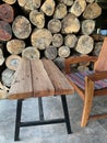 The vertical Image of a set of wooden tables and chairs on a wooden background wall