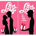 A vertical image for smartphone with a couple kissing. St. Valentine`s day image with a heart and Love lettering. Pink and white