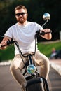 Vertical image of smiling bearded man in sunglasses Royalty Free Stock Photo