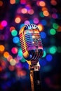 vertical image of stylish old retro microphone on multicolored lighting bokeh background Royalty Free Stock Photo