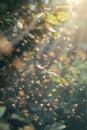 vertical image of a swarm of honey bees flying in the sun\'s rays in garden Royalty Free Stock Photo