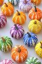 vertical image top view group of small pumpkins painted in vibrant bright colors on white background Royalty Free Stock Photo