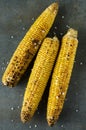 Vertical image.Top view of roasted corn with salt on the drk grey surface.Tasty snack Royalty Free Stock Photo