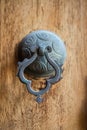 Vertical image of a vintage brass door knocker on a wooden door Royalty Free Stock Photo