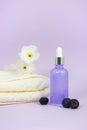 Still life with closed glass drop bottle with cream towel, fresh blueberries and flowers on lavender background Royalty Free Stock Photo