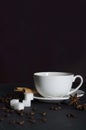 Vertical image.White porcelain cup on the saucer, cinnamon sticks, coffee beans, sugar cubes on the dark table against dark backgr Royalty Free Stock Photo