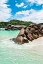 Granite rocks on Baie Lazare Public Beach, Mahe Island, Seychelles. Royalty Free Stock Photo