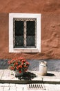 Vertical image of a window on an orange wall with a water container and flowers in front of it Royalty Free Stock Photo