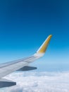 Vertical image, wing of a plane during the flight, blue sky on the background Royalty Free Stock Photo