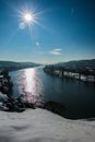 Vertical image of winter ladscape, scenic view overlooking river Moldau in Prague Royalty Free Stock Photo