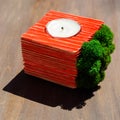 Vertical image. wooden candle holder cube with insulated fur. A candle holder.