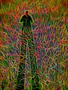 Impression illustration of a long legged, lonely, dark shaded man between bright electric colors