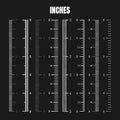 Vertical inch scale for measuring length or height. Various measurement scales with divisions. Ruler, tape measure marks