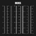 Vertical inch scale for measuring length or height. Various measurement scales with divisions. Ruler, tape measure marks