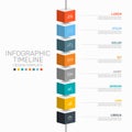 Vertical infographic timeline with colorful cube blocks, icons, and text for process visualization or presentation use. Vector. Royalty Free Stock Photo