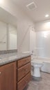 Vertical Interior of a modern bathroom with marble vanity