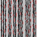 Vertical jagged black stripes and red dots on a gray background. Seamless pattern