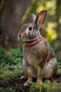 Rabbit in the garden with a red collar on his neck. Royalty Free Stock Photo