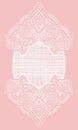 Vertical lace doily. White lacy napkin on a pink background. Openwork oval frame Royalty Free Stock Photo
