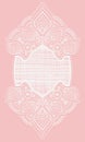 Vertical lace doily. White lacy napkin on a pink background. Openwork oval frame