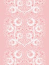 Vertical lace seamless ribbon with roses. White lacy on a pink background.