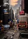 Vertical landscape of electronic billboards welcoming people to Times Square New York City