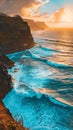 Vertical landscape of ocean beach at sunrise with big waves crashing into rocks Royalty Free Stock Photo