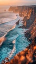 Vertical landscape of ocean beach at sunrise with big waves crashing into rocks Royalty Free Stock Photo
