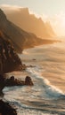 Vertical landscape of ocean beach at sunrise with big waves crashing into rocks Royalty Free Stock Photo