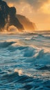 Vertical landscape of ocean beach at sunrise with big waves crashing into rocks Royalty Free Stock Photo