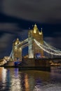 Vertical landscape of the Tower Bridge over the river Thames illuminated at night Royalty Free Stock Photo