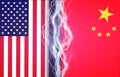 Vertical lightnings between flags of USA and China. Concept of crisis between Washington and Beijing Royalty Free Stock Photo