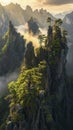Vertical limestone cliffs tower above misty forests