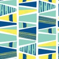 Vertical lines of trapezoid shapes seamless vector pattern. Textured abstract shapes teal blue lime yellow repeating